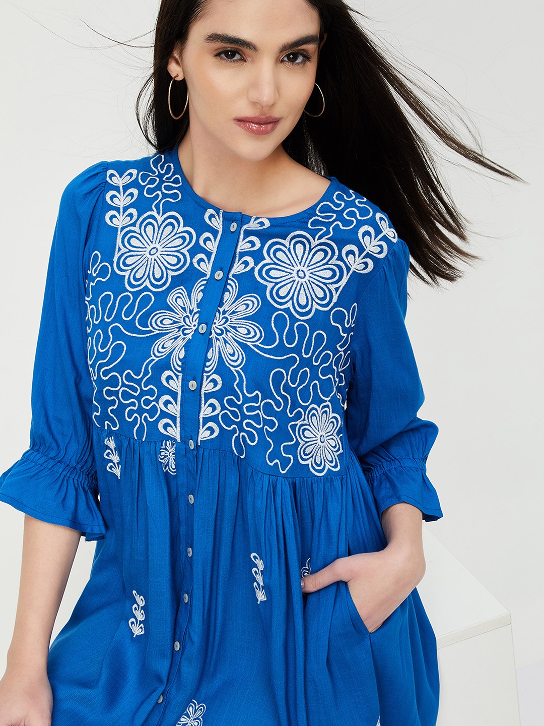 

max Embroidered Ethnic Motifs Bell Sleeve Fit & Flare Ethnic Dress, Blue