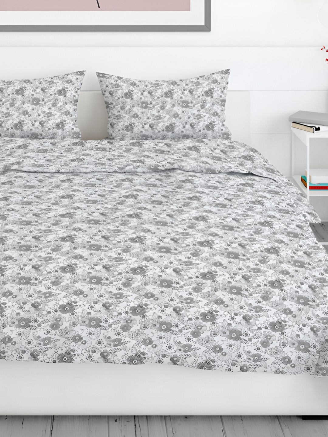 

Aura Green & Grey Floral 200 TC Queen Bedsheet with 2 Pillow Covers