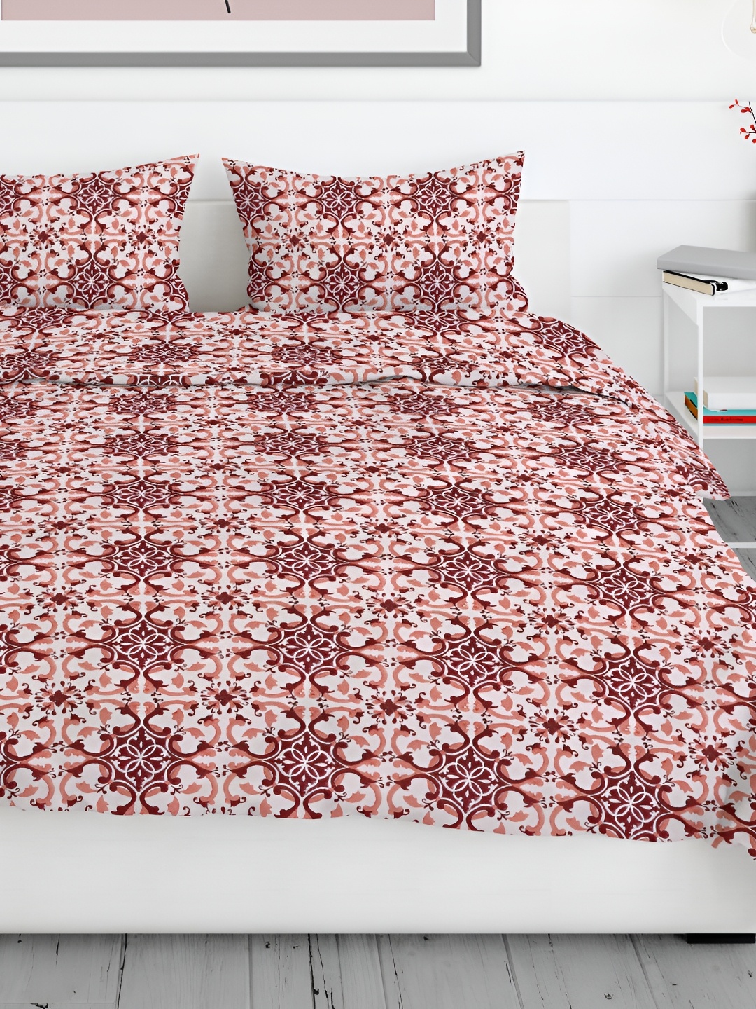 

Aura Maroon & White Ethnic Motifs 200 TC King Bedsheet with 2 Pillow Covers
