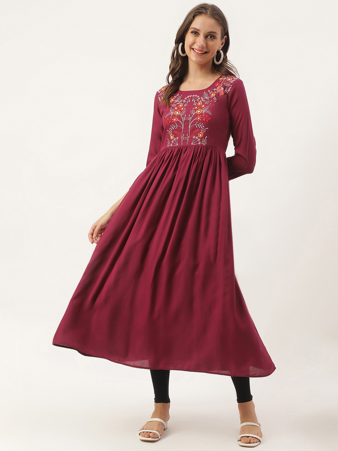 

ANUTTARA FASHIONS Ethnic Motifs Embroidered Anarkali Pleated Kurta, Maroon