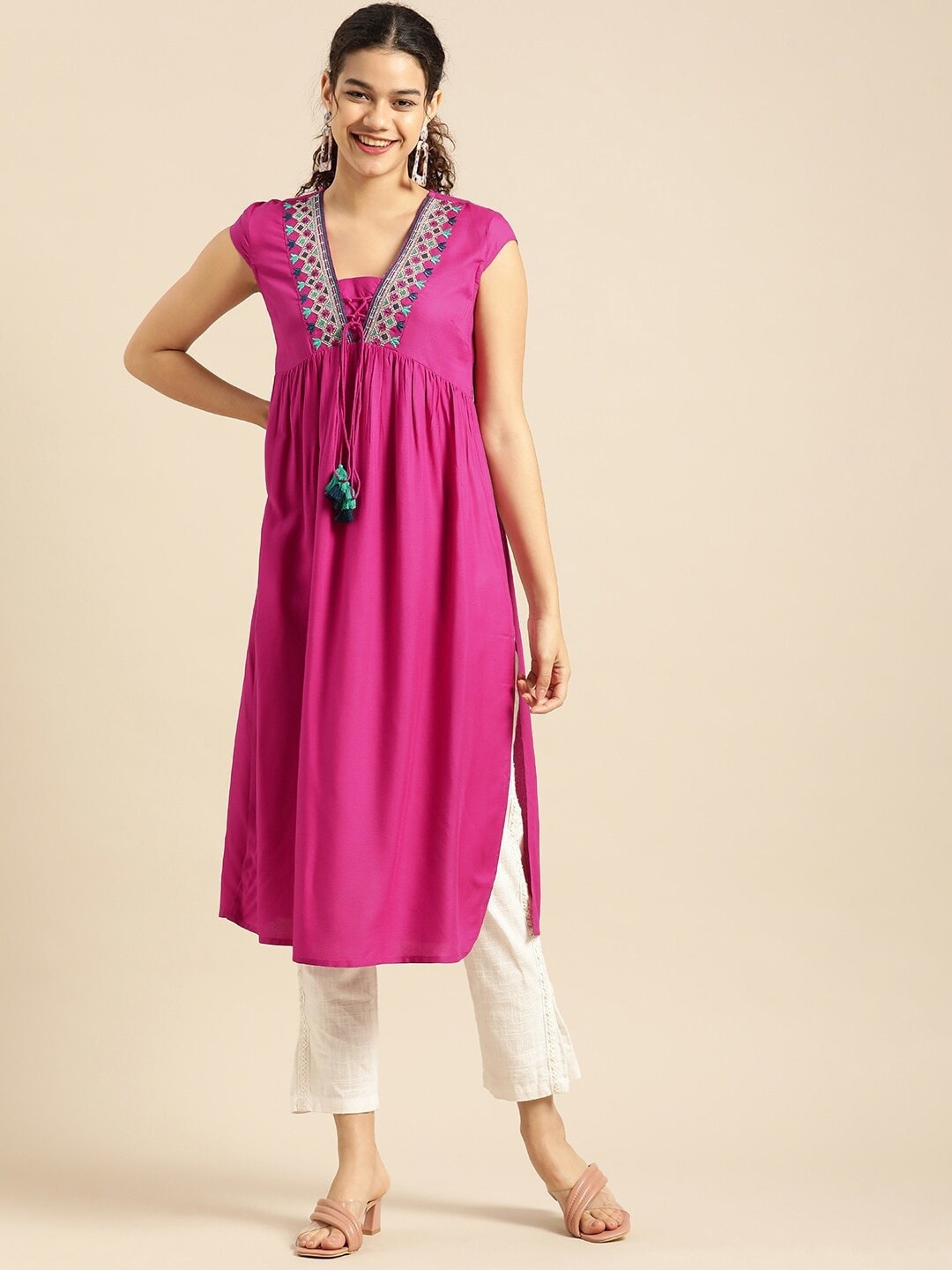 

ANUTTARA FASHIONS Ethnic Motifs Embroidered A-Line Kurta, Pink