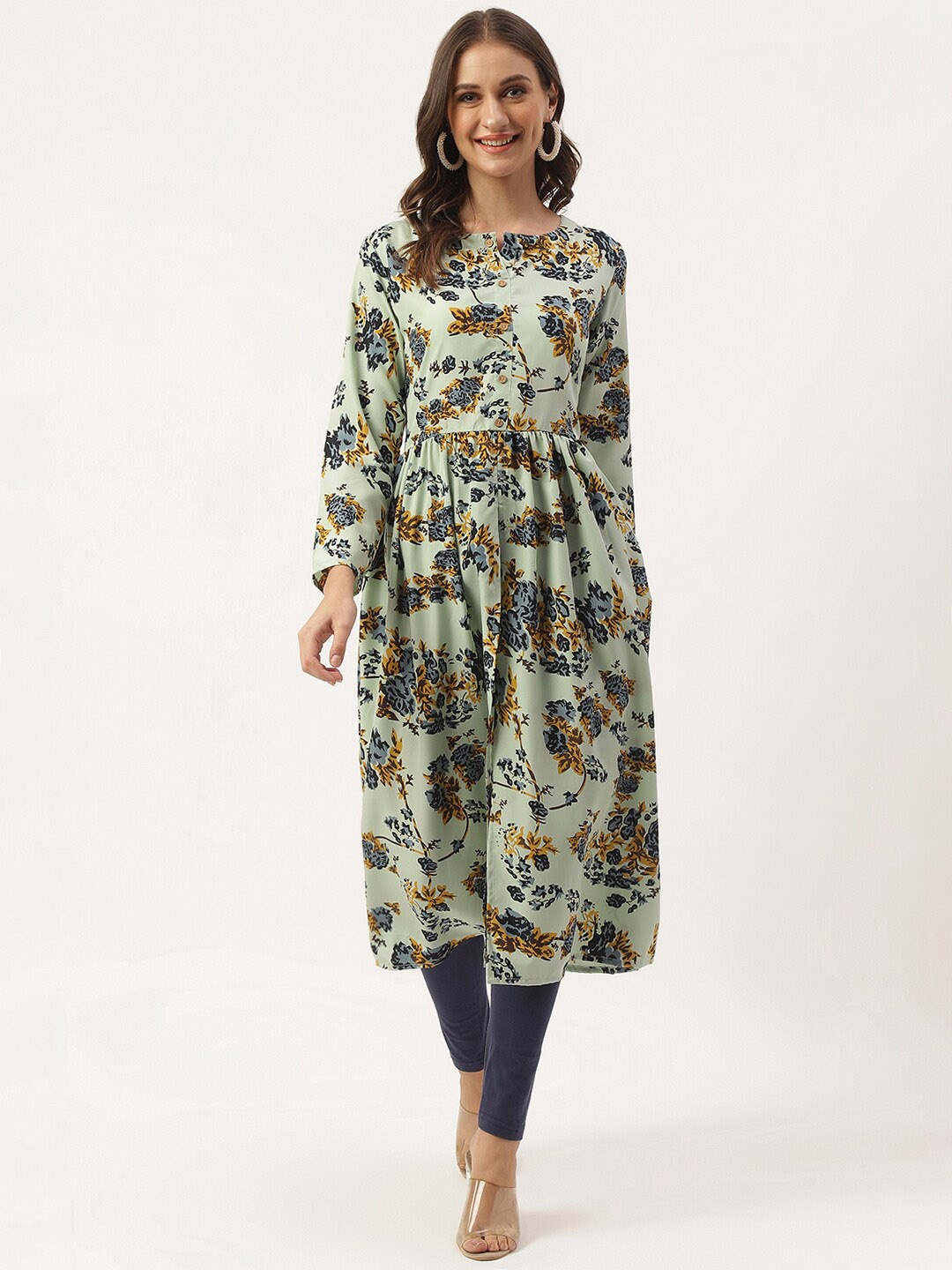 

ANUTTARA FASHIONS Floral Printed Round Neck Anarkali Kurta, Green