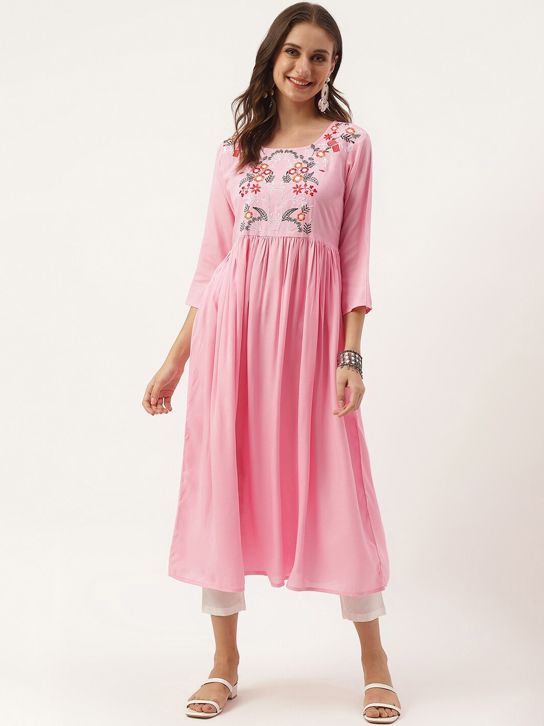 

ANUTTARA FASHIONS Floral Embroidered Thread Work Anarkali Kurta, Pink