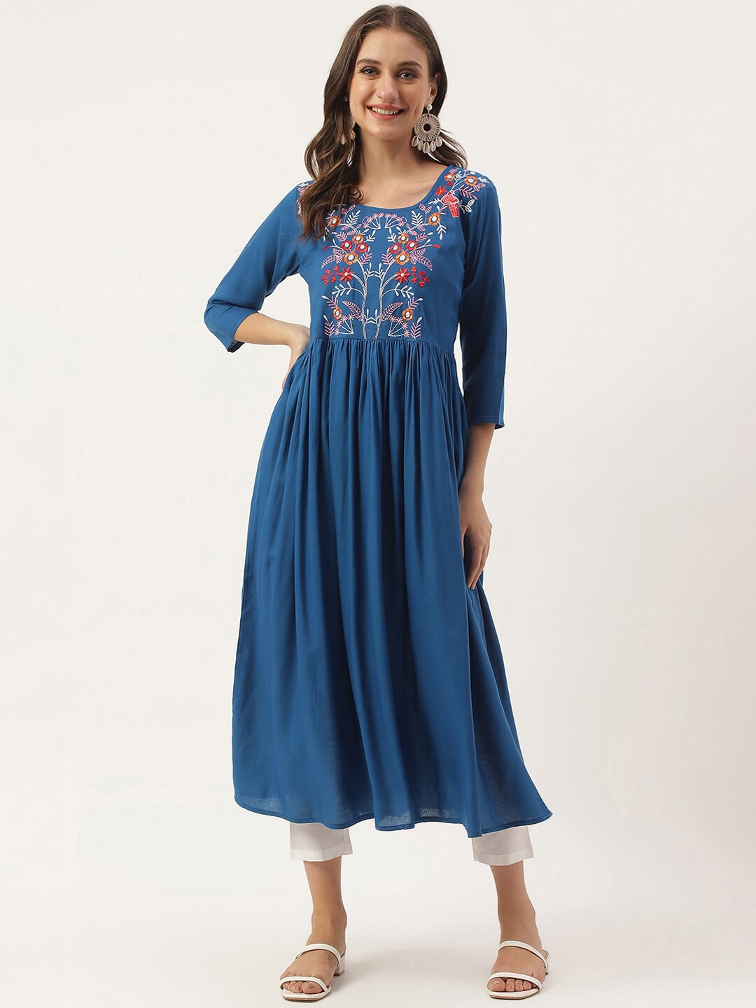 

ANUTTARA FASHIONS Floral Embroidered Mirror Work Anarkali Kurta, Blue