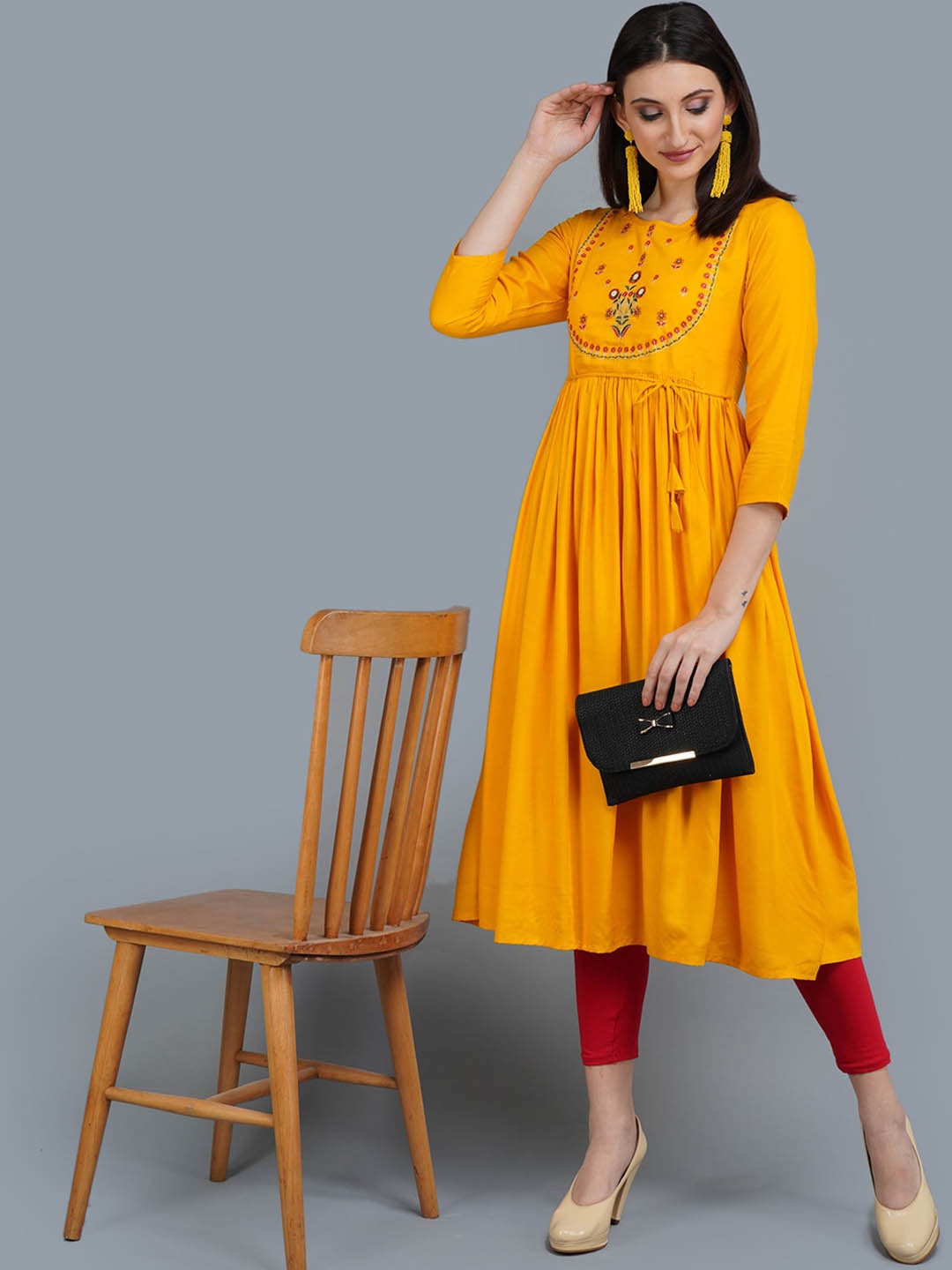 

ANUTTARA FASHIONS Floral Embroidered Round Neck Thread Work Anarkali Kurta, Mustard