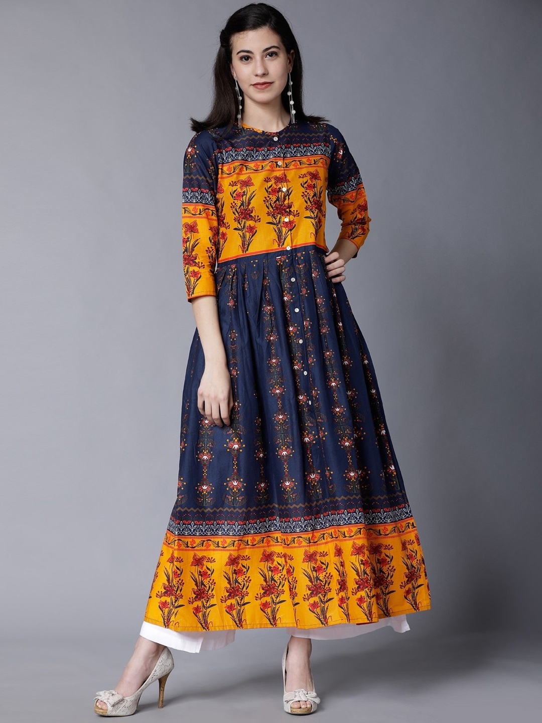 

ANUTTARA FASHIONS Ethnic Motifs Printed Round Neck Anarkali Kurta, Mustard