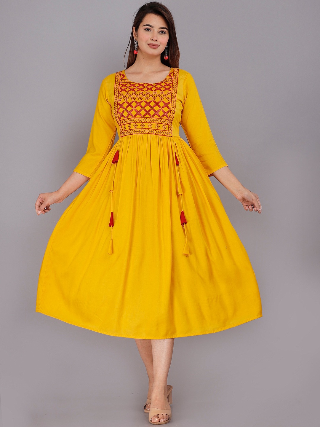 

ANUTTARA FASHIONS Floral Embroidered Round Neck Gathered Fit & Flare Midi Ethnic Dress, Mustard