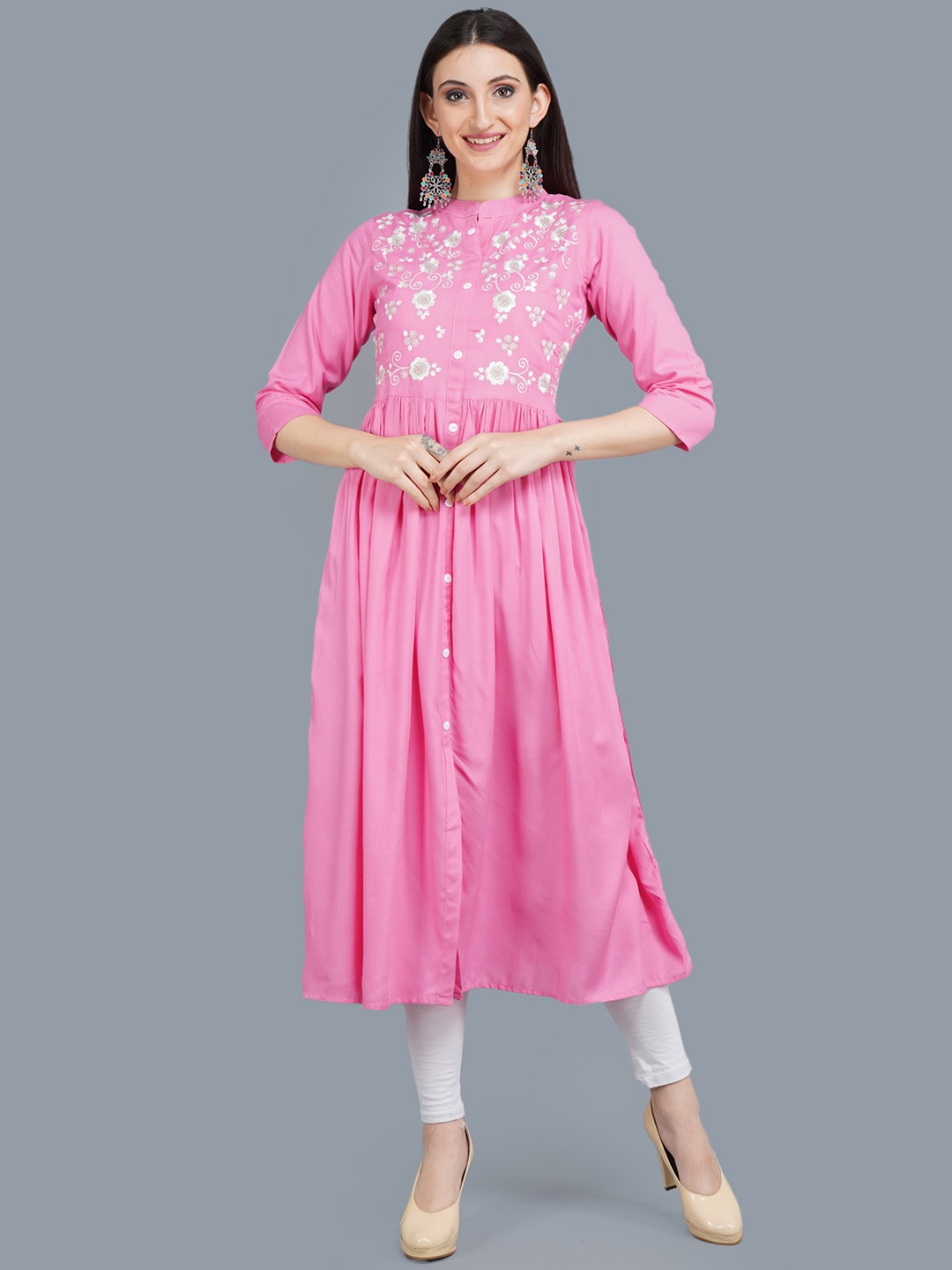 

ANUTTARA FASHIONS Ethnic Motifs Yoke Design Flared Sleeves Thread Work Anarkali Kurta, Pink