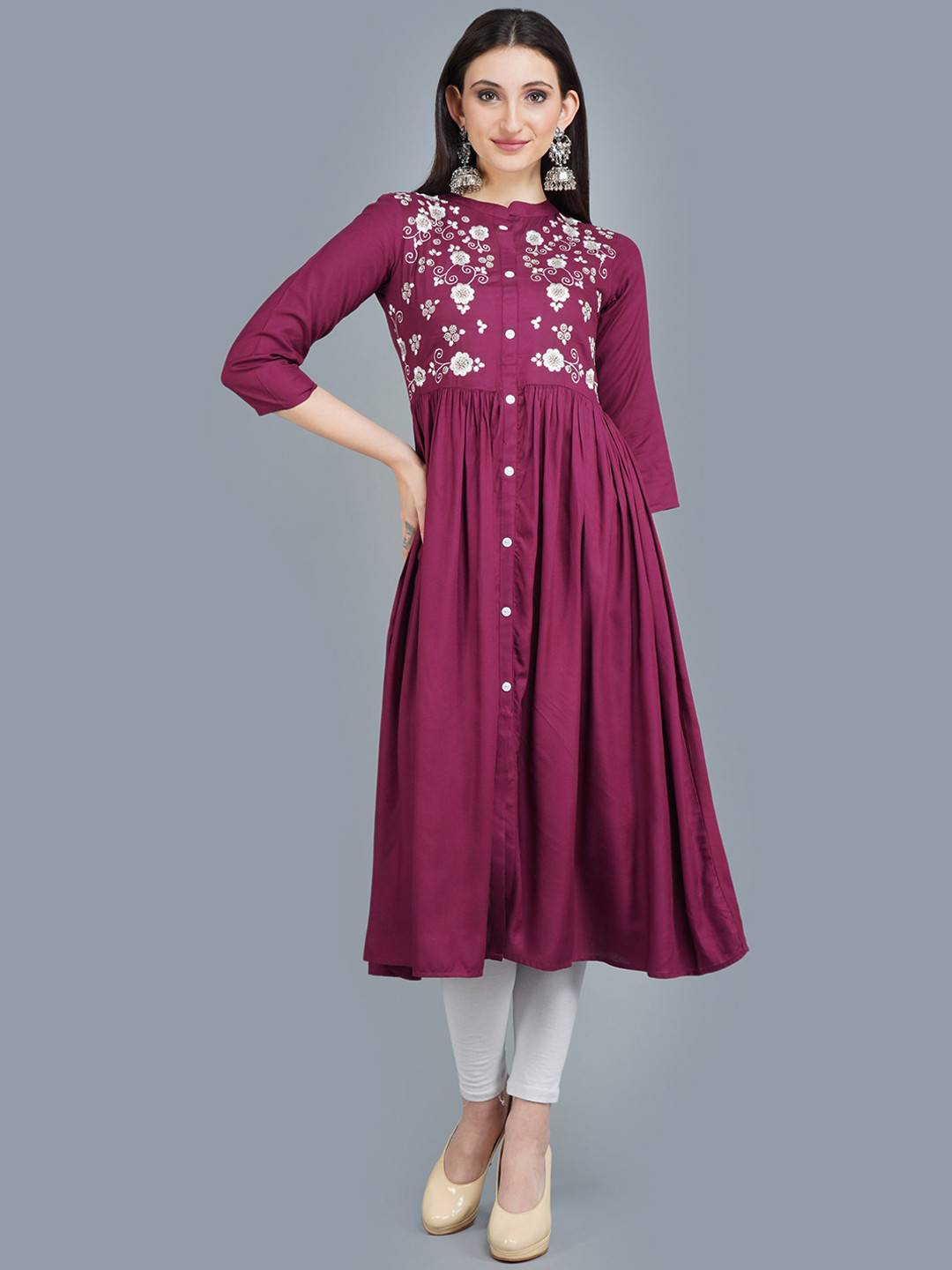 

ANUTTARA FASHIONS Floral Embroidered Thread Work Anarkali Kurta, Magenta