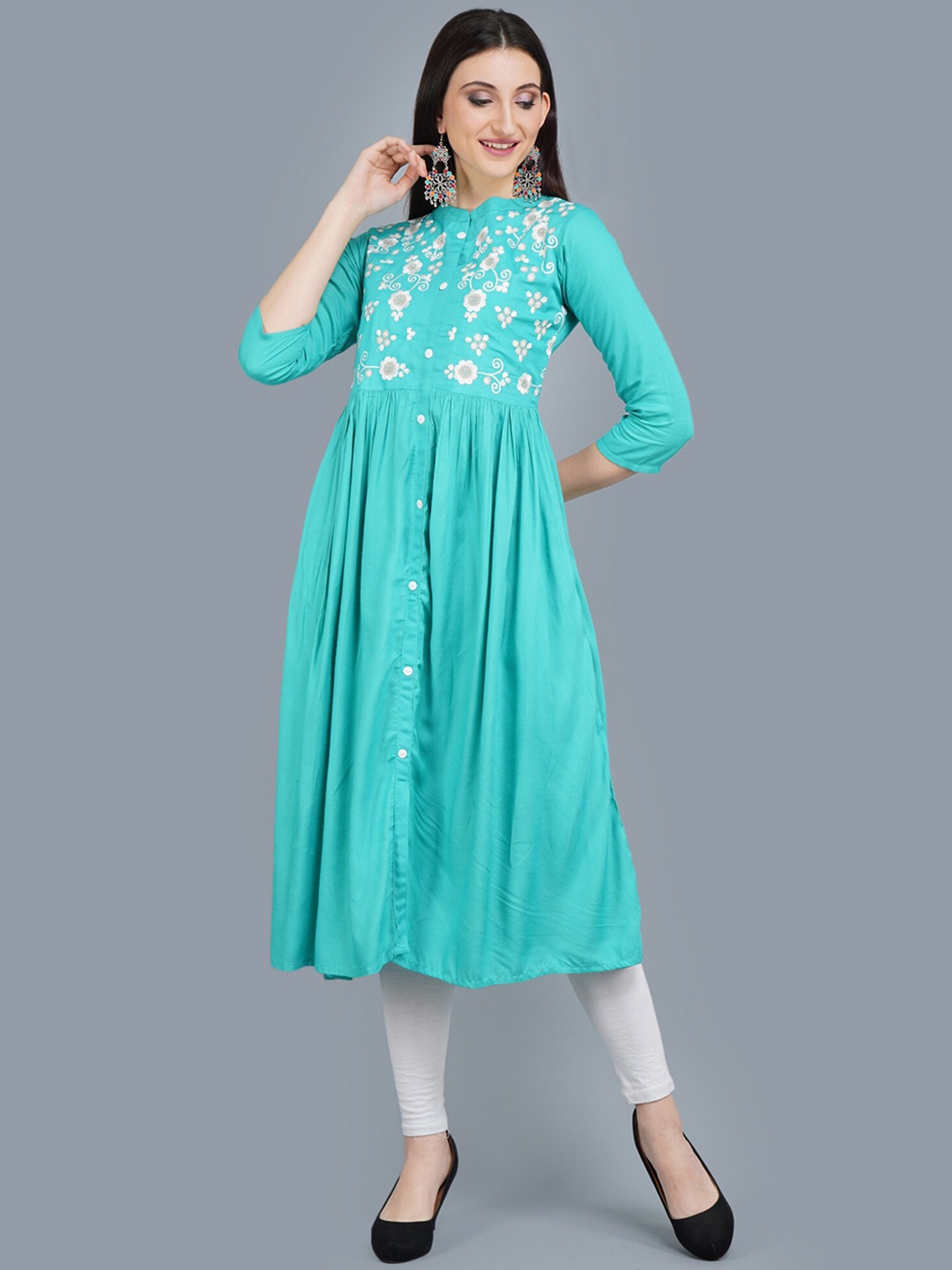 

ANUTTARA FASHIONS Floral Yoke Design Thread Work Anarkali Kurta, Blue