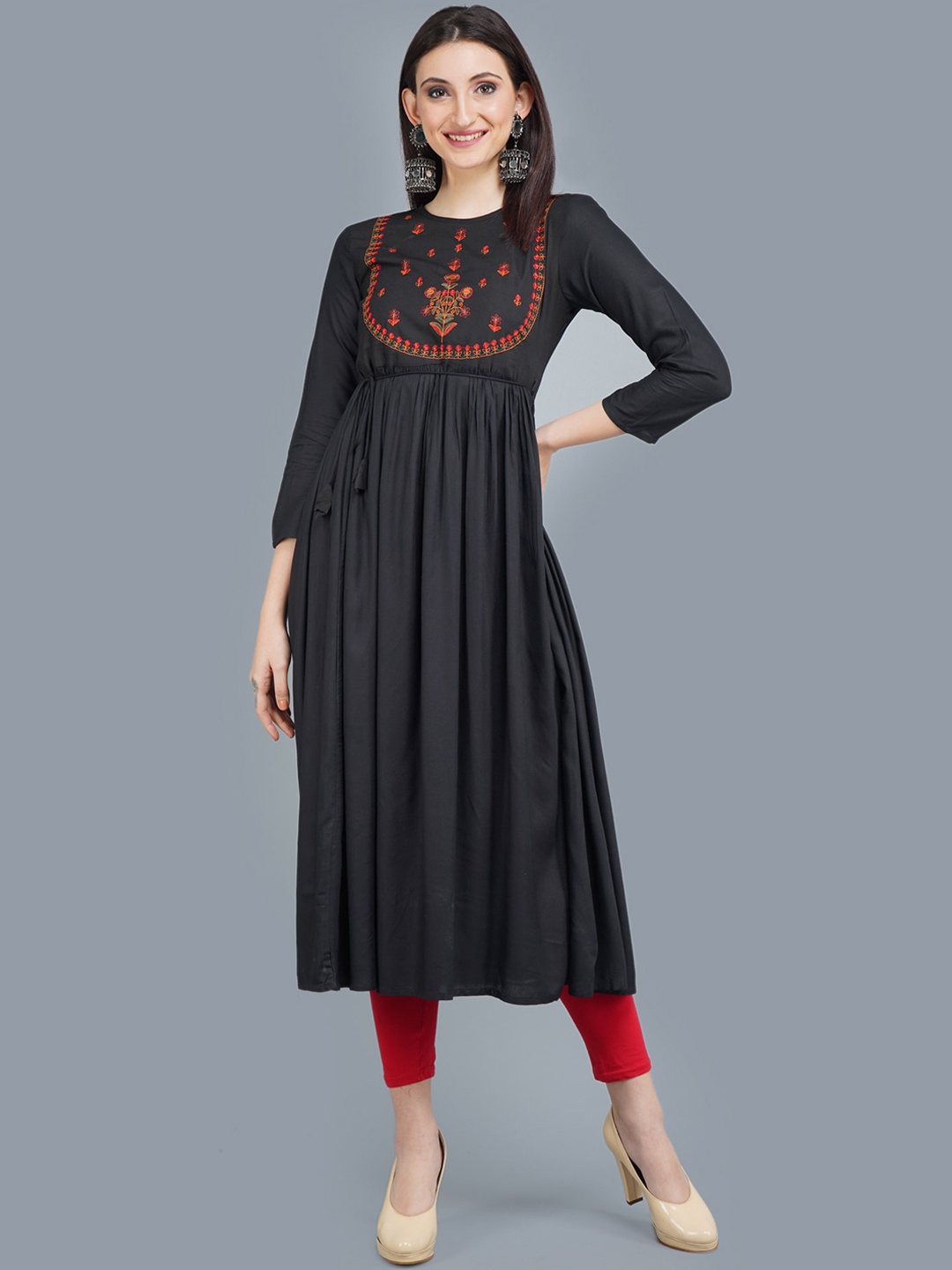 

ANUTTARA FASHIONS Ethnic Motifs Yoke Design A-Line Kurta, Black