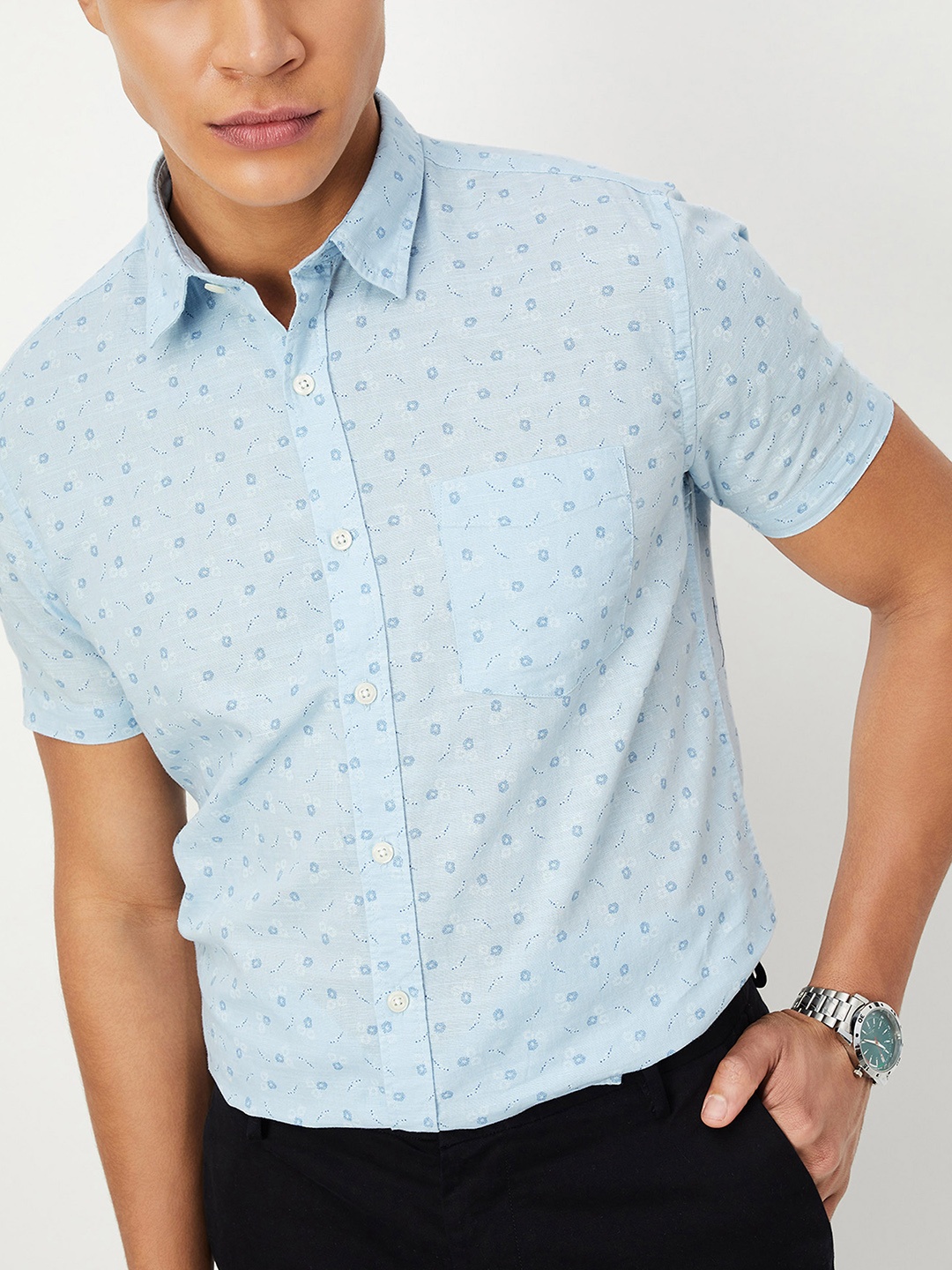 

max Men Opaque Printed Casual Shirt, Blue