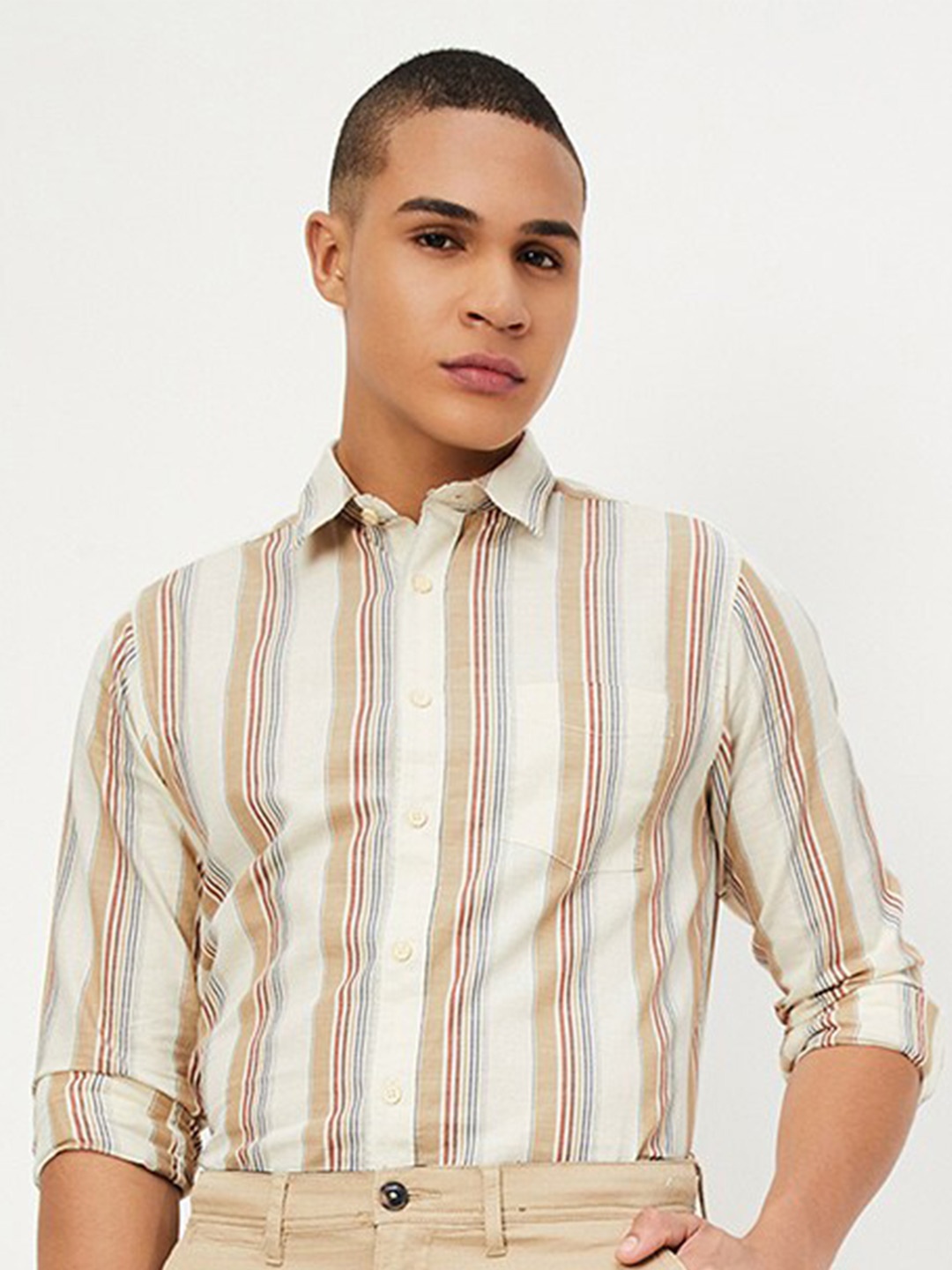 

max Regular Fit Cotton Opaque Striped Casual Shirt, Beige