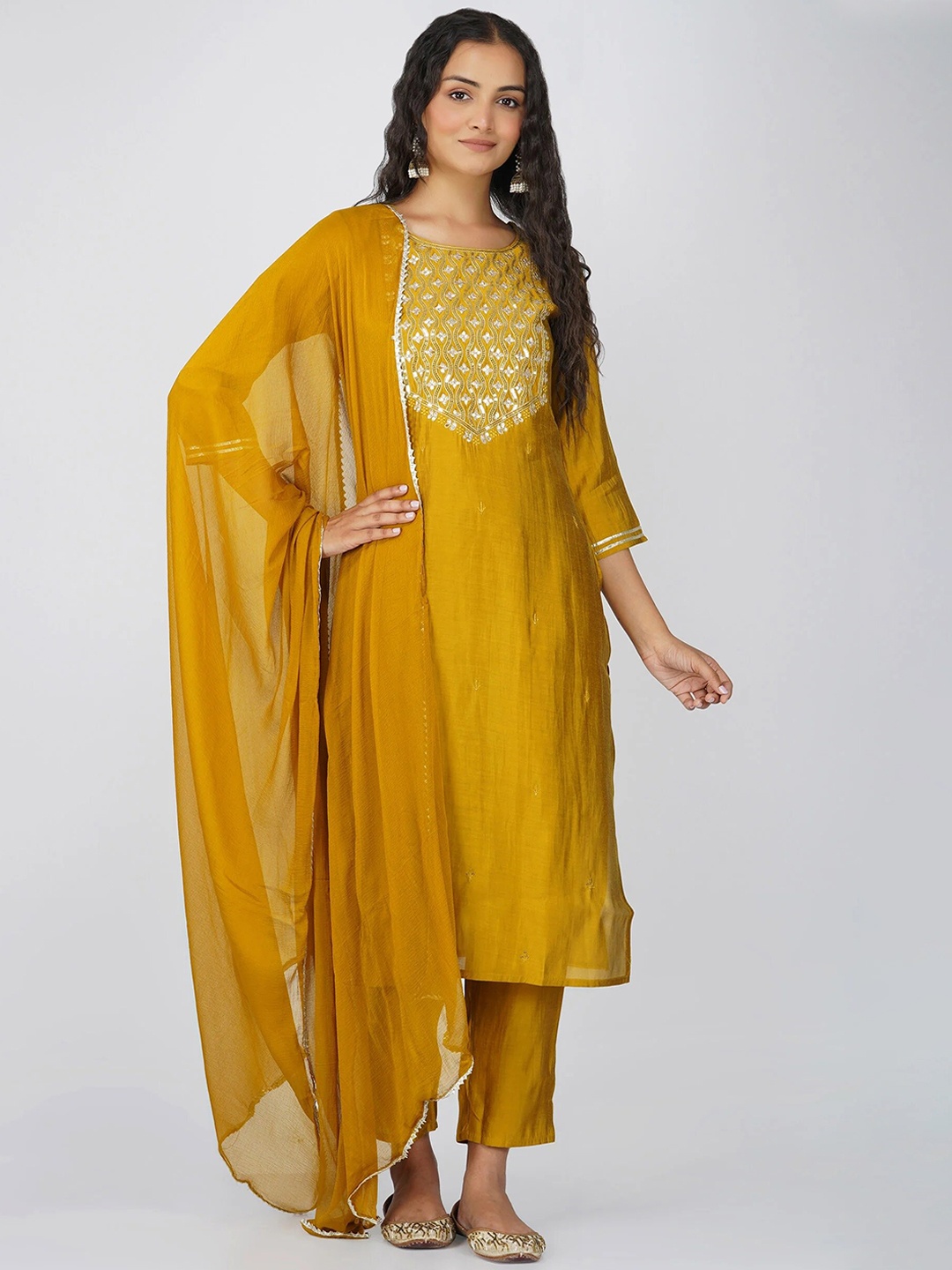 

SPARSA Women Floral Yoke Design Regular Gotta Patti Kurta with Trousers & With Dupatta, Mustard