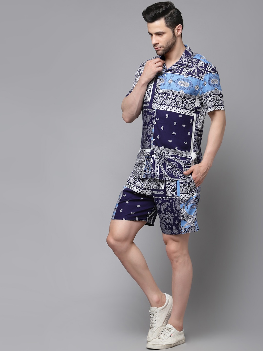 

Rigo Paisley Printed Collar Shirt With Shorts Co-Ords Set, Blue