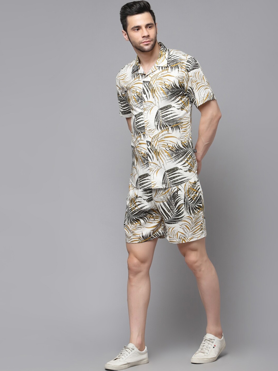 

Rigo Palm Leaves Printed Shirt & Shorts Co Ord Set, White