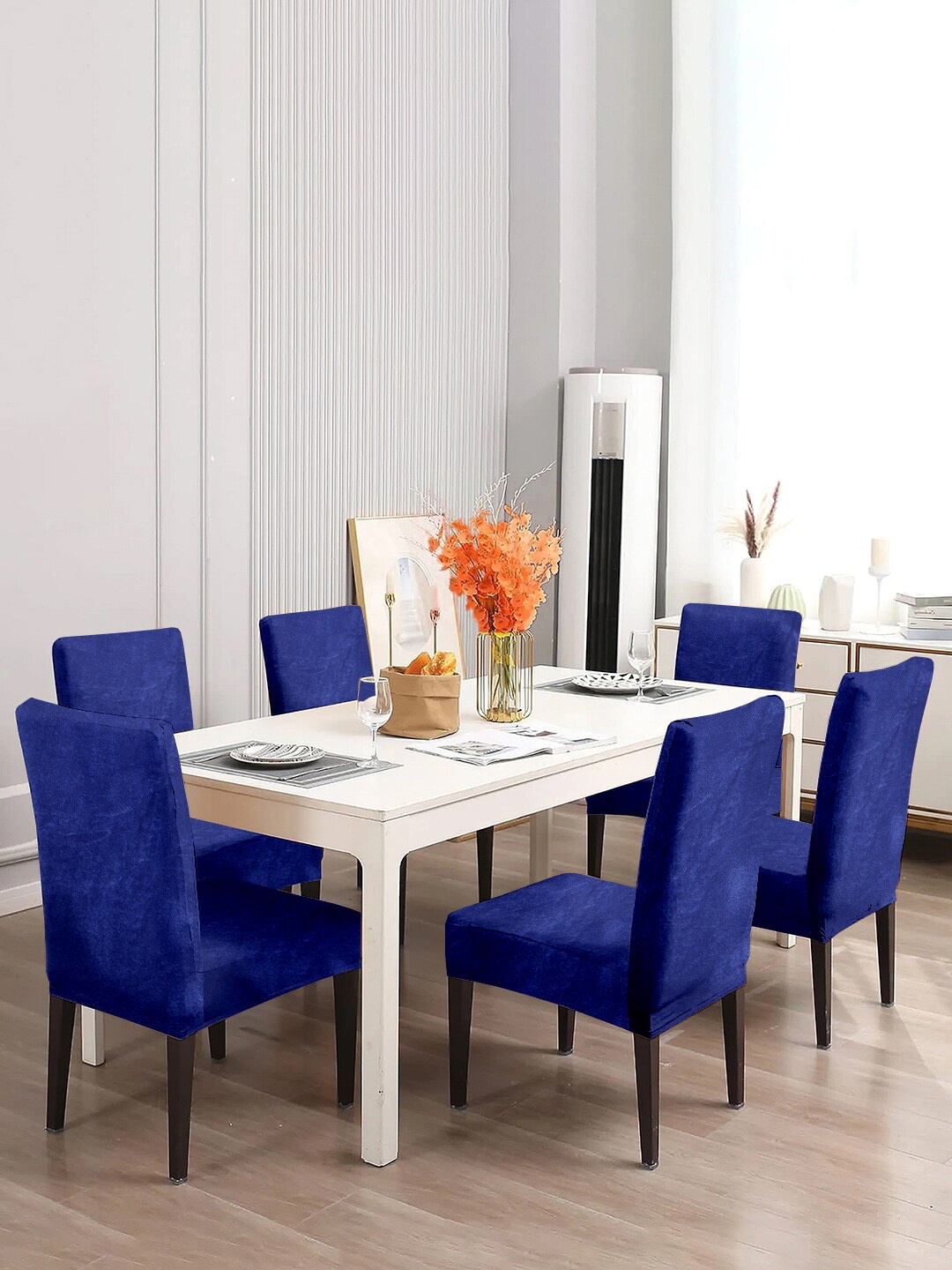 

Cortina Set Of 6 Velvet Stretchable Chair Covers, Blue