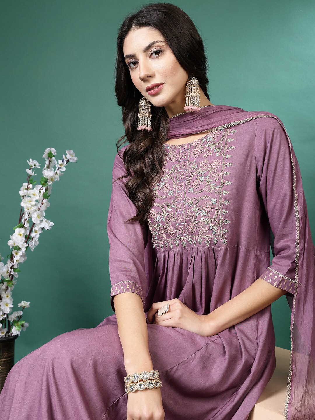 

Sangria Floral Embroidered Round Neck Anarkali Kurta With Palazzos & Dupatta, Purple