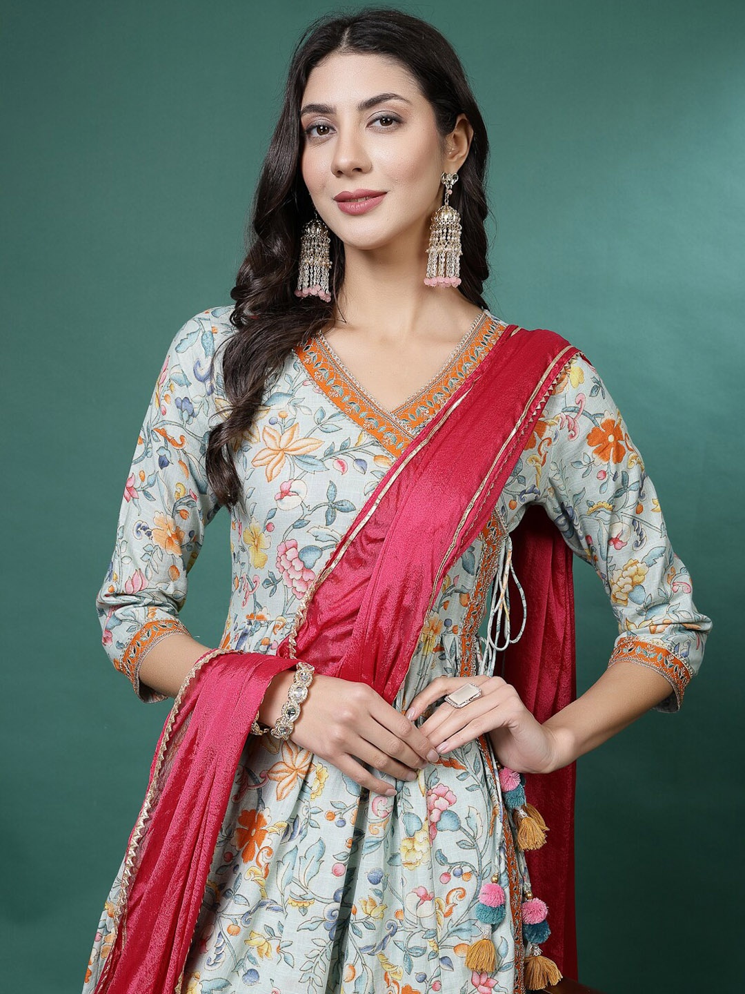 

Sangria Floral Printed Pure Cotton Anghraka Kurta With Trousers & Dupatta, Blue
