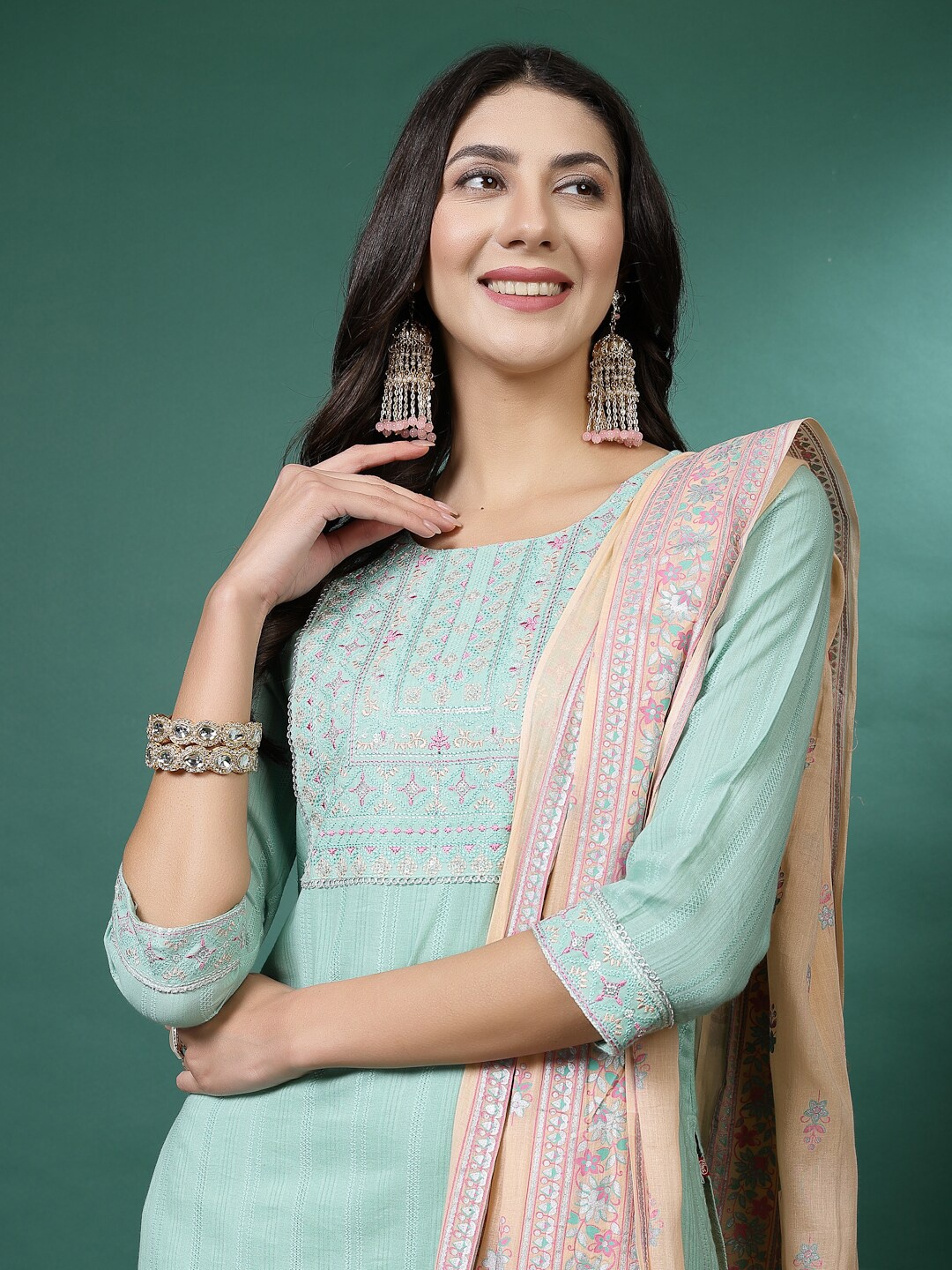 

Sangria Self Design Pure Cotton Kurta With Trousers & Dupatta, Green