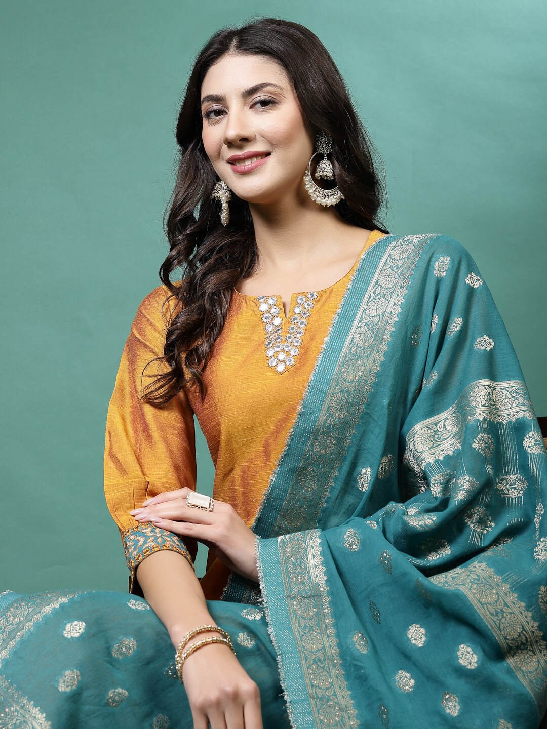 

Sangria V-Neck Straight Kurta With Trousers & Dupatta, Mustard