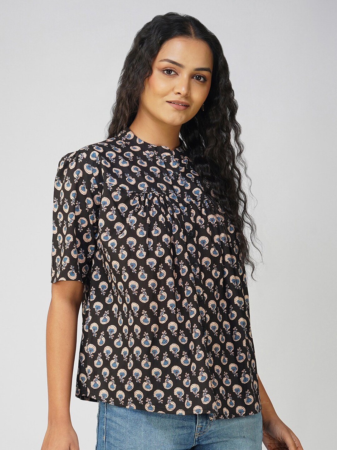 

SPARSA Ethnic Motifs Printed Mandarin Collar Pure Cotton Shirt Style Top, Black