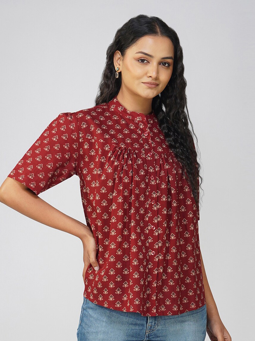 

SPARSA Ethnic Motifs Printed Pure Cotton Top, Maroon