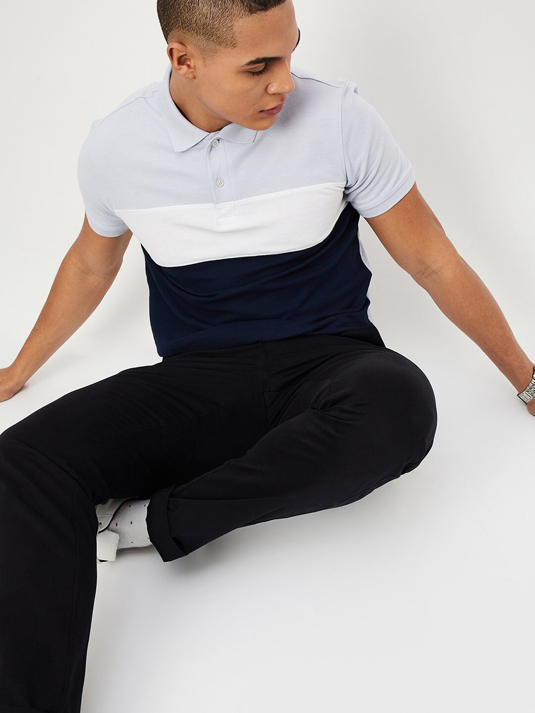 

max Colourblocked Polo Collar Cotton T-shirt, Purple