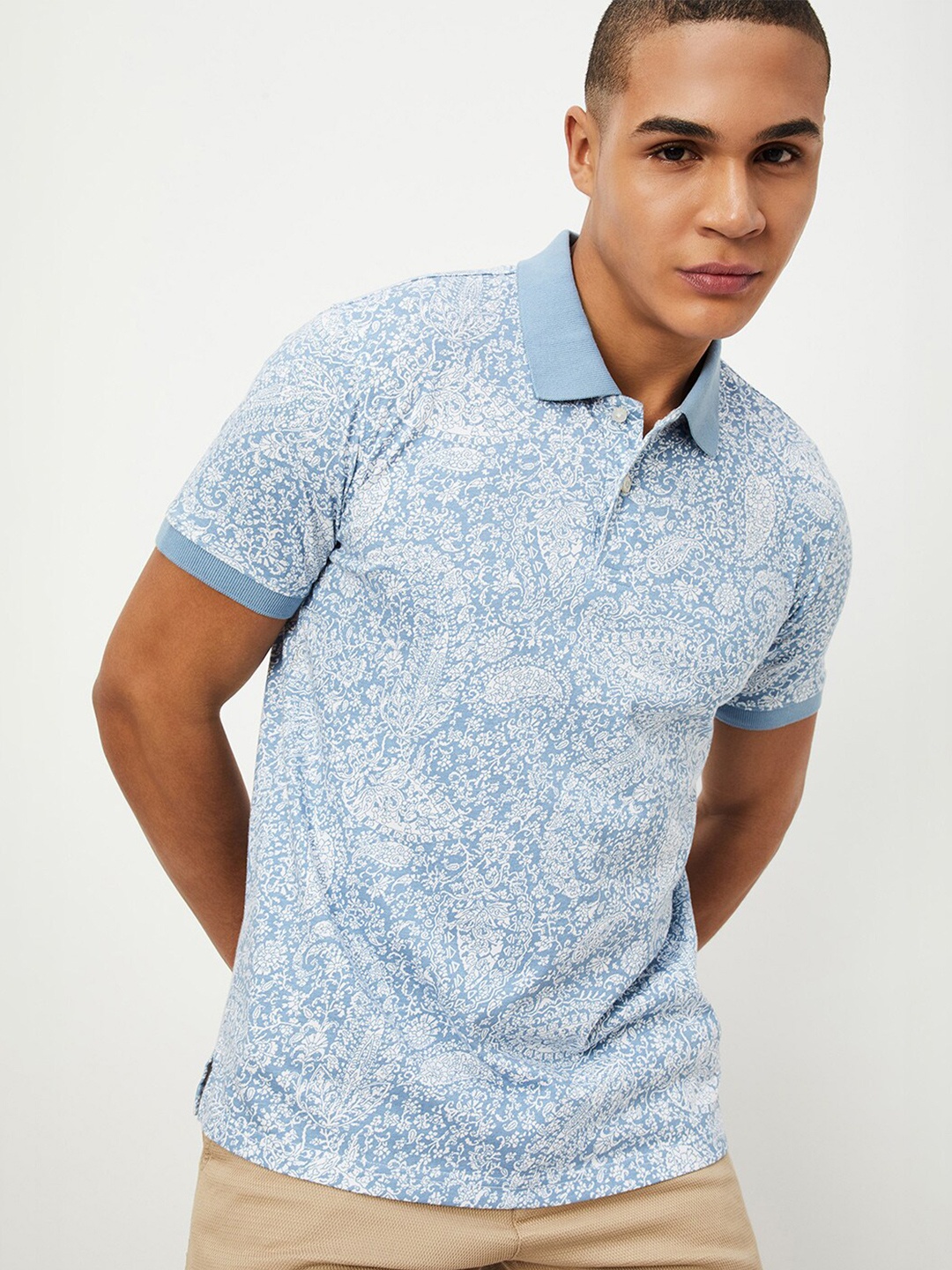 

max Abstract Printed Polo Collar Cotton T-shirt, Blue