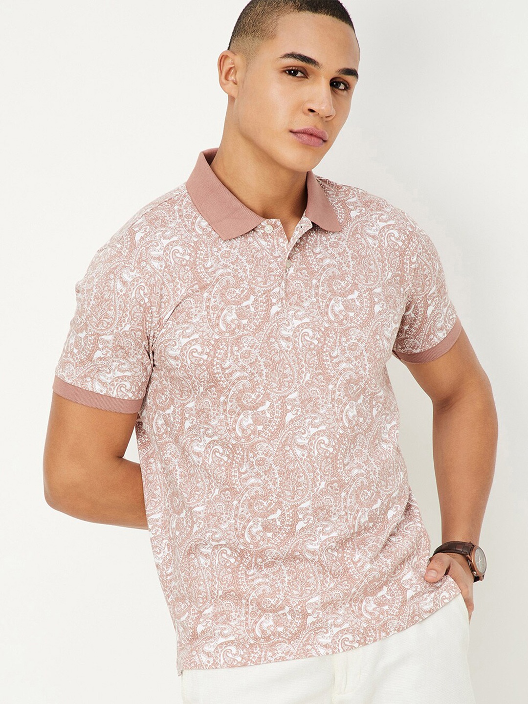 

max Abstract Printed Polo Collar Cotton T-shirt, Peach
