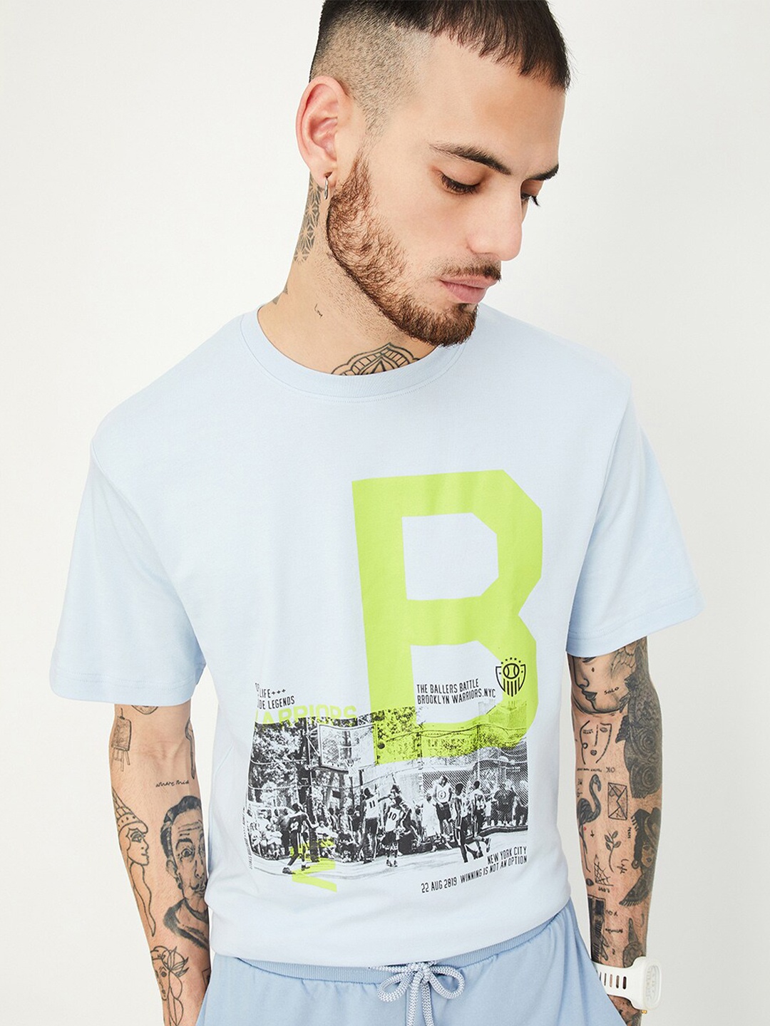

max Typography Printed Tropical Cotton T-shirt, Blue