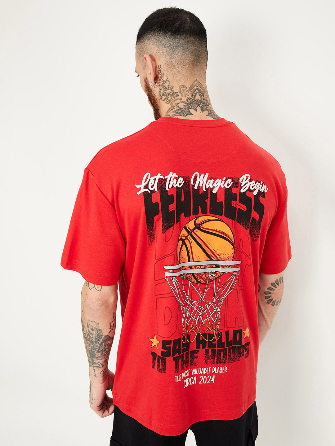 

max Typography Printed Cotton T-shirt, Red