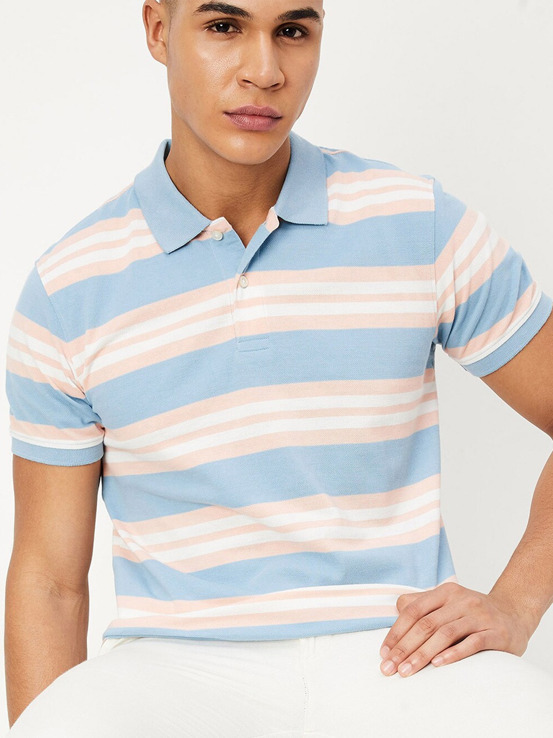 

max Striped Polo Collar Cotton T-shirt, Blue