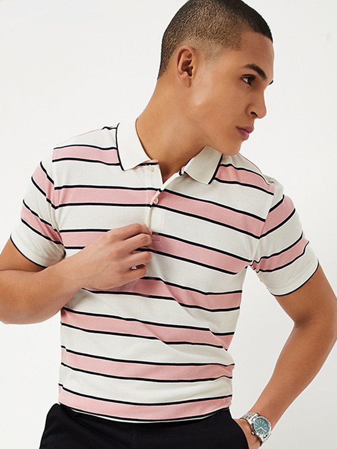 

max Striped Polo Collar Cotton T-shirt, Pink