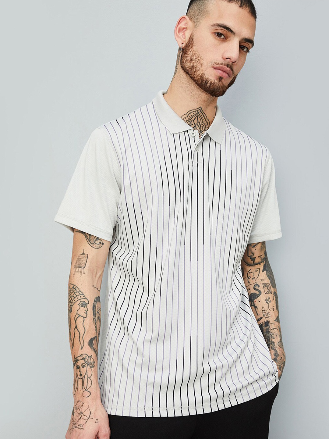 

max Striped Polo Collar T-shirt, Grey