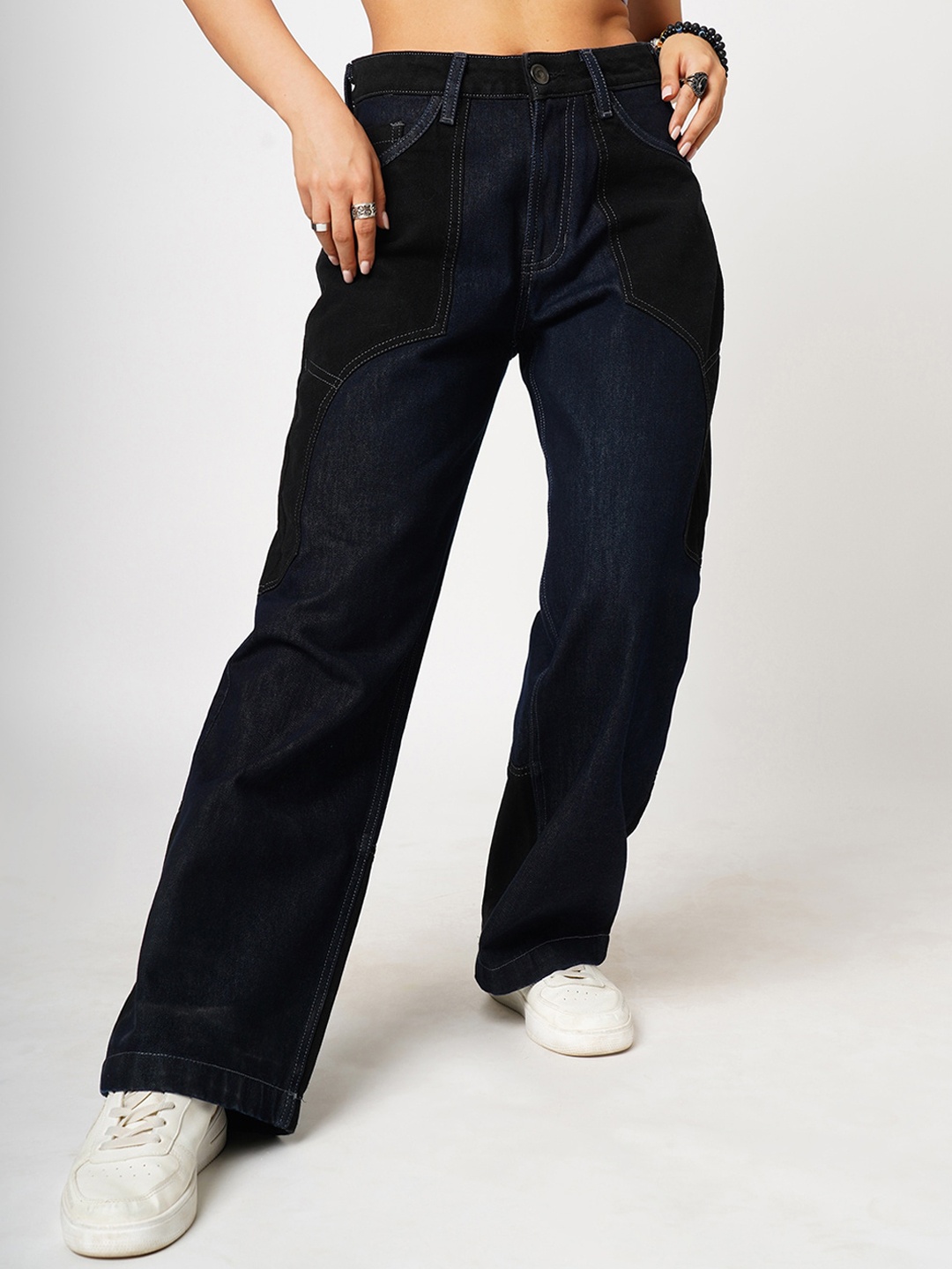 

BFIVE Women Urban Straight Fit Colourblocked Cotton Light Fade Jeans, Blue
