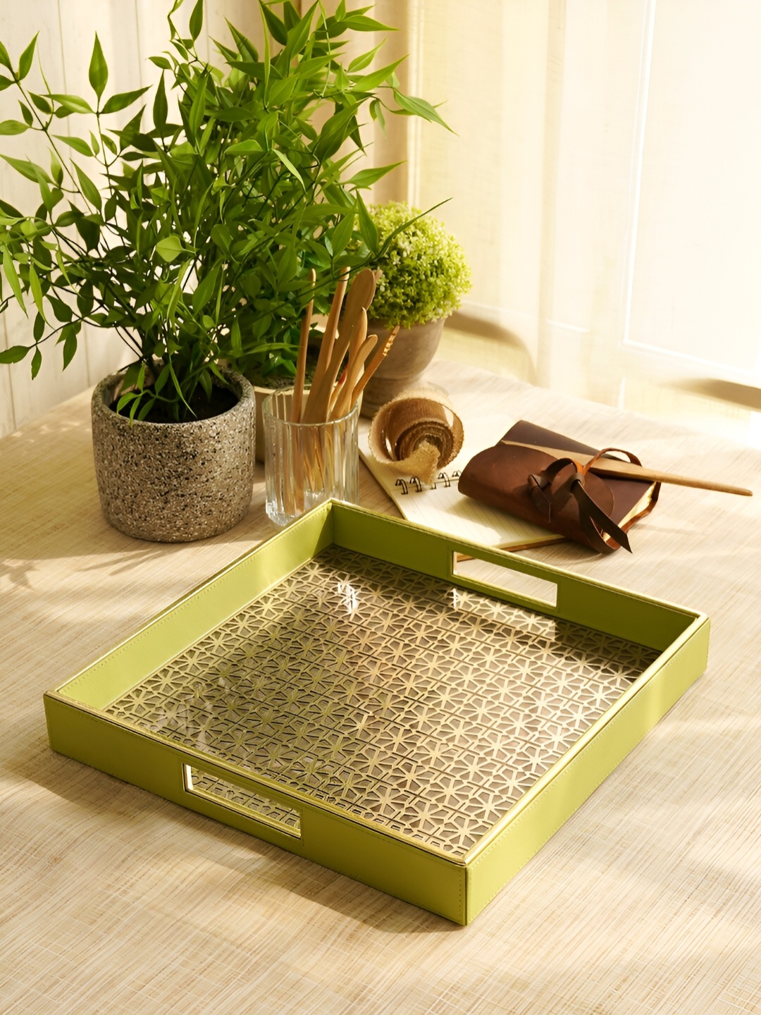 

Pure Home and Living Square Faux Leather Tray, Green