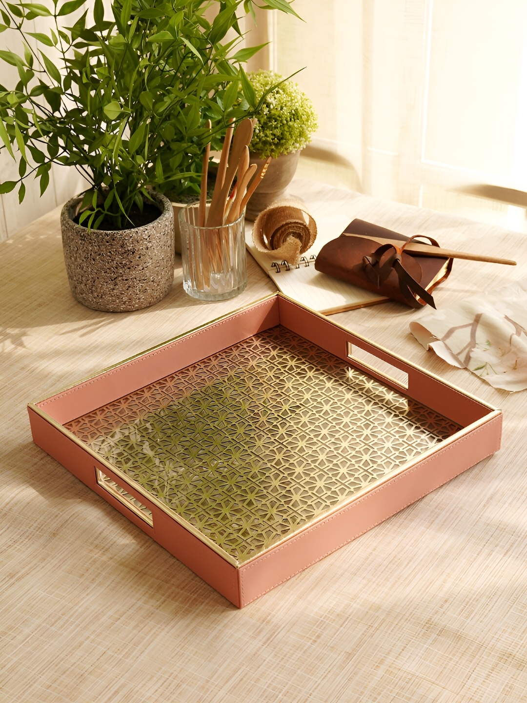

Pure Home and Living Square Faux Leather Tray, Pink