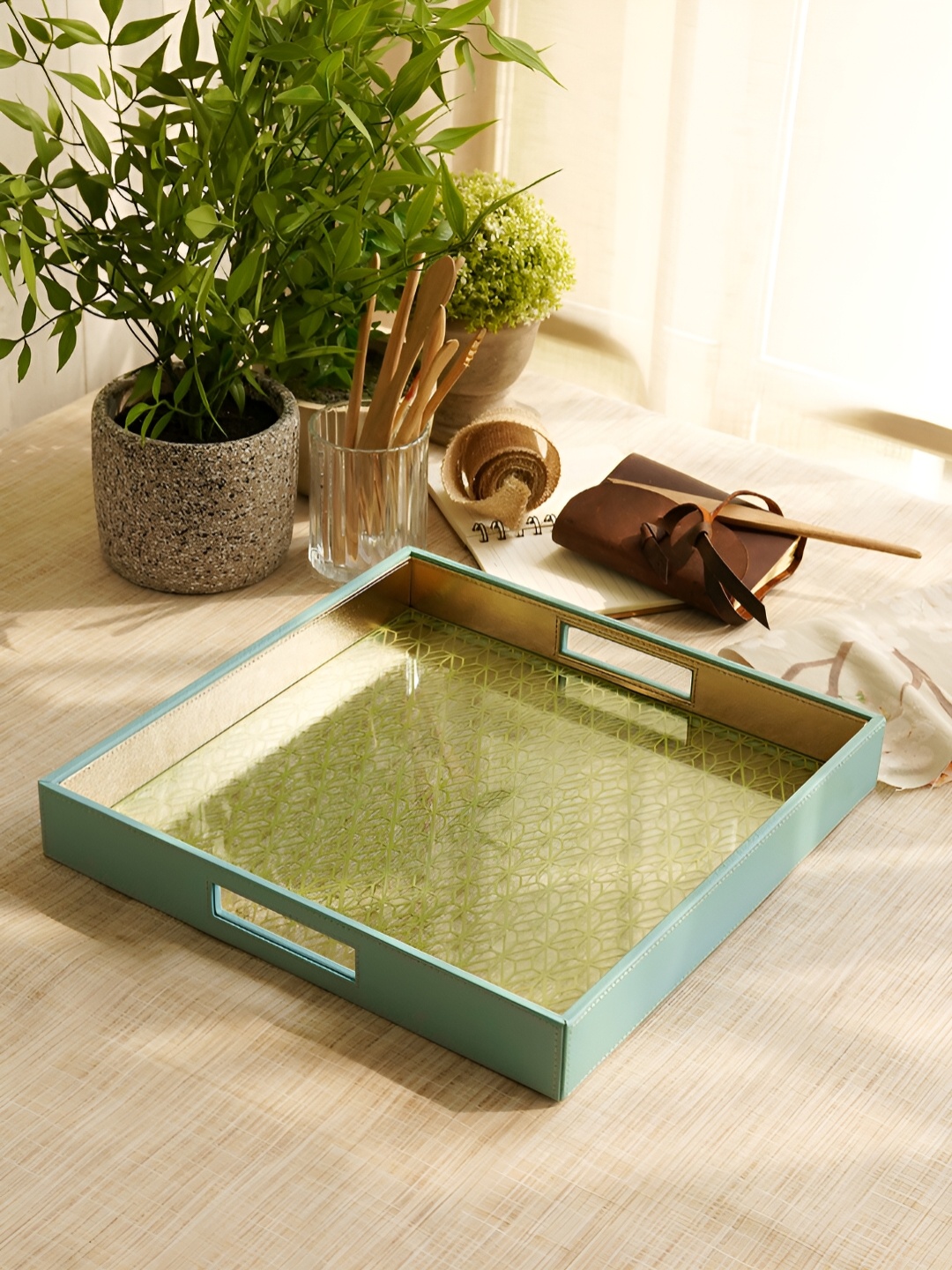 

Pure Home and Living Square Faux Leather Tray, Blue