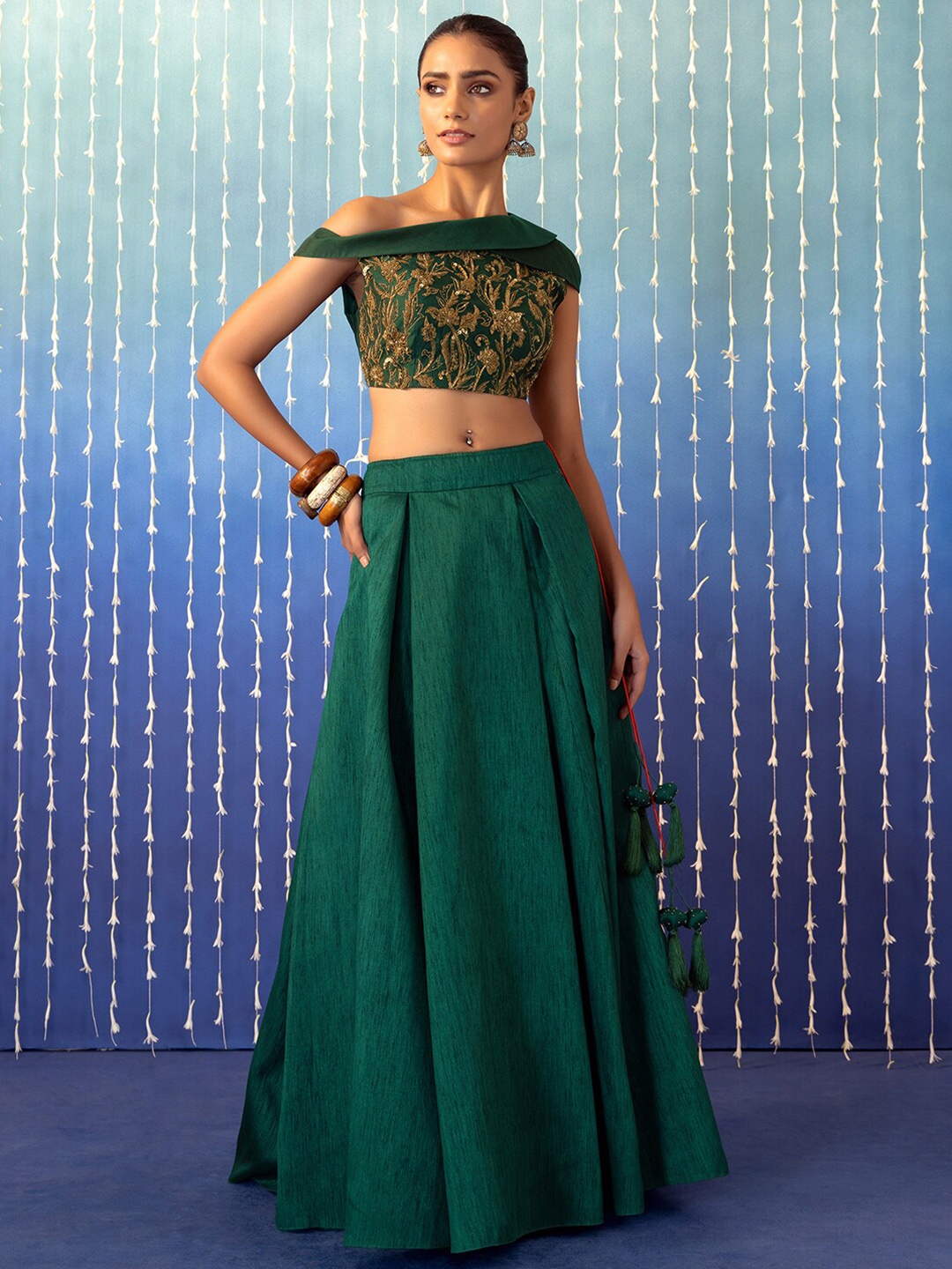 

Indya Luxe Embroidered Thread Work Ready to Wear Lehenga &, Green