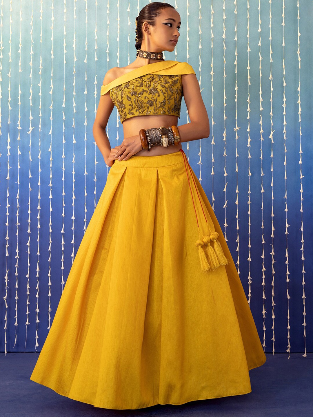 

Indya Luxe Embroidered Beads and Stones Ready to Wear Lehenga & Blouse With Dupatta, Yellow