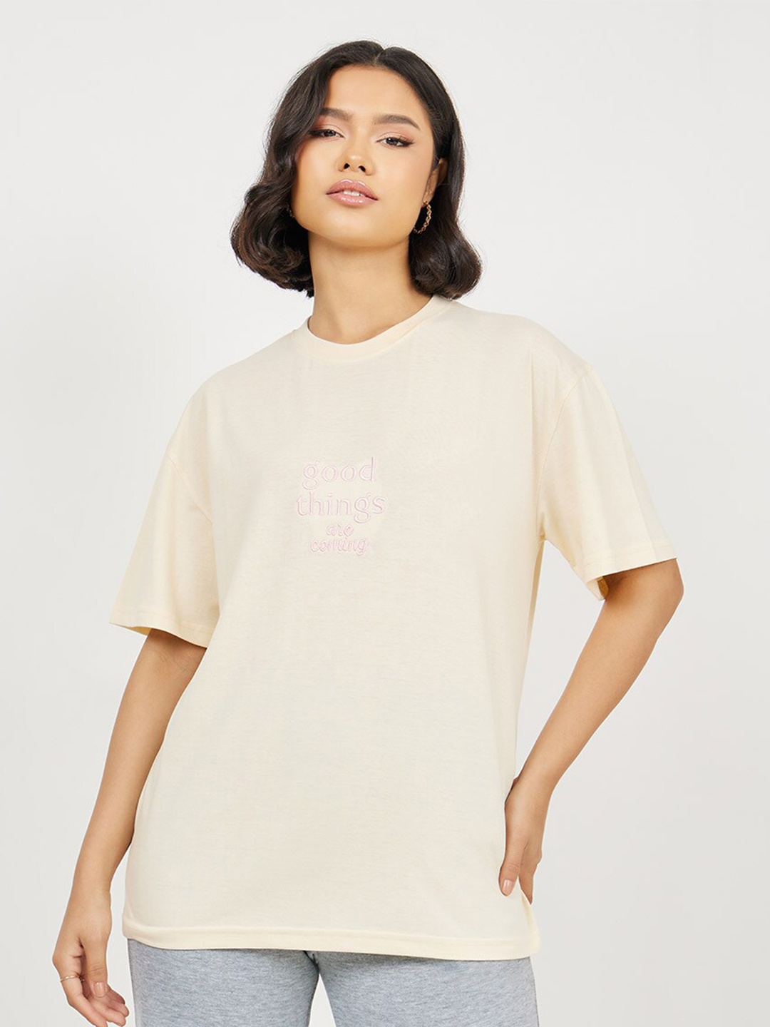 

Styli Cream Coloured Oversized Longline Cotton T-shirt