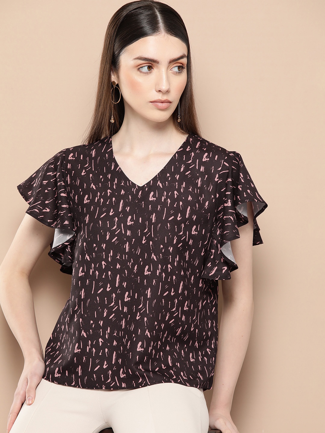 

her by invictus Printed Flutter Sleeve Top, Coffee brown