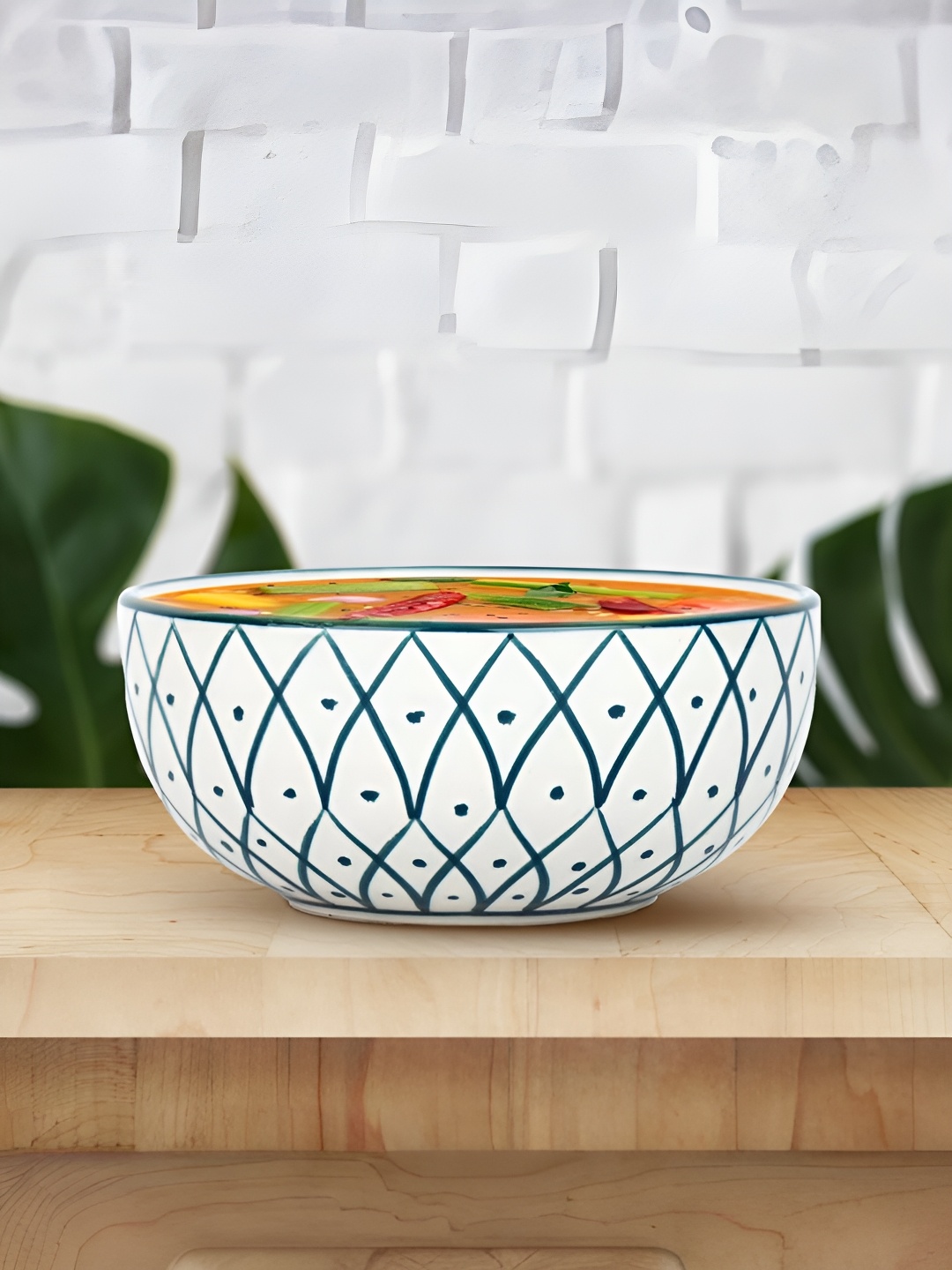 

The Better Home White & Green 2Pcs Printed Ceramic Glossy Microwave Safe Bowls