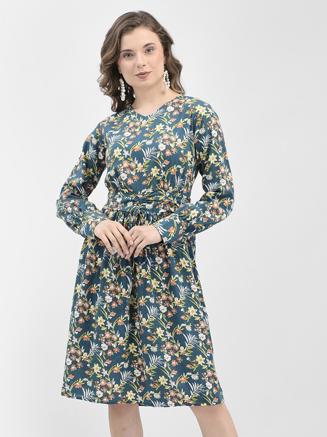 

Crimsoune Club Floral Print Cotton V-Neck Puff Sleeve Fit & Flare Dress, Blue