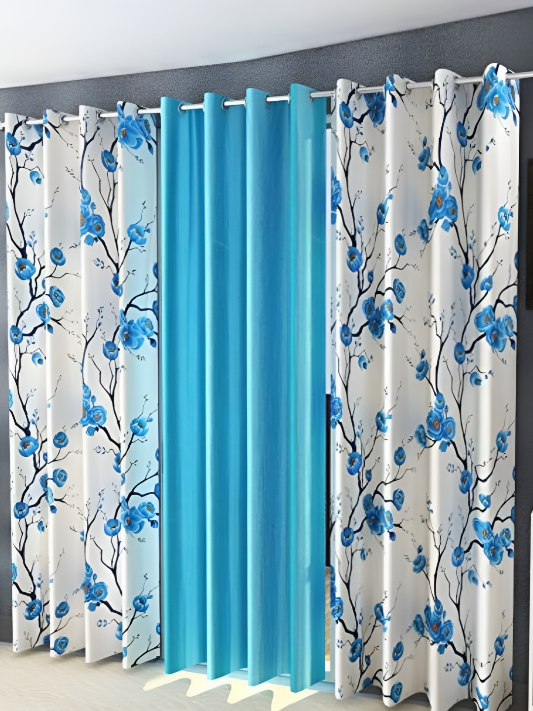 

Shopgallery Blue & White 3 Pieces Floral Room Darkening Door Curtain