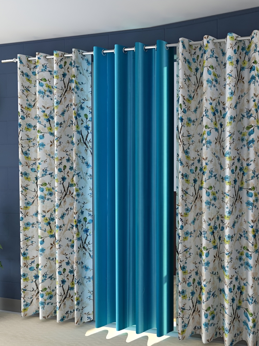 

Shopgallery Turquoise Blue & White 3 Pieces Floral Room Darkening Door Curtain