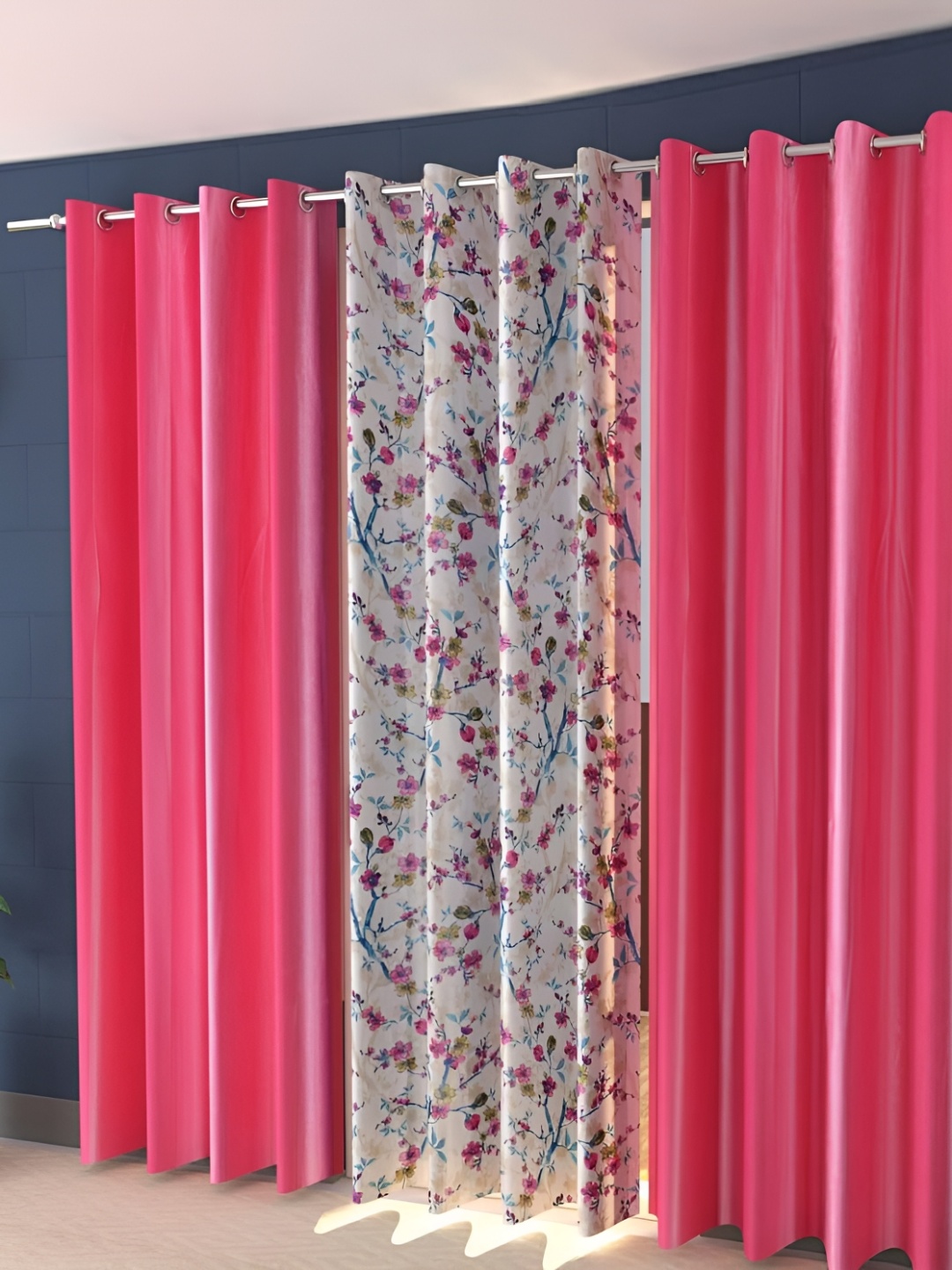 

Shopgallery Off White & Pink 3 Pieces Floral Room Darkening Door Curtain