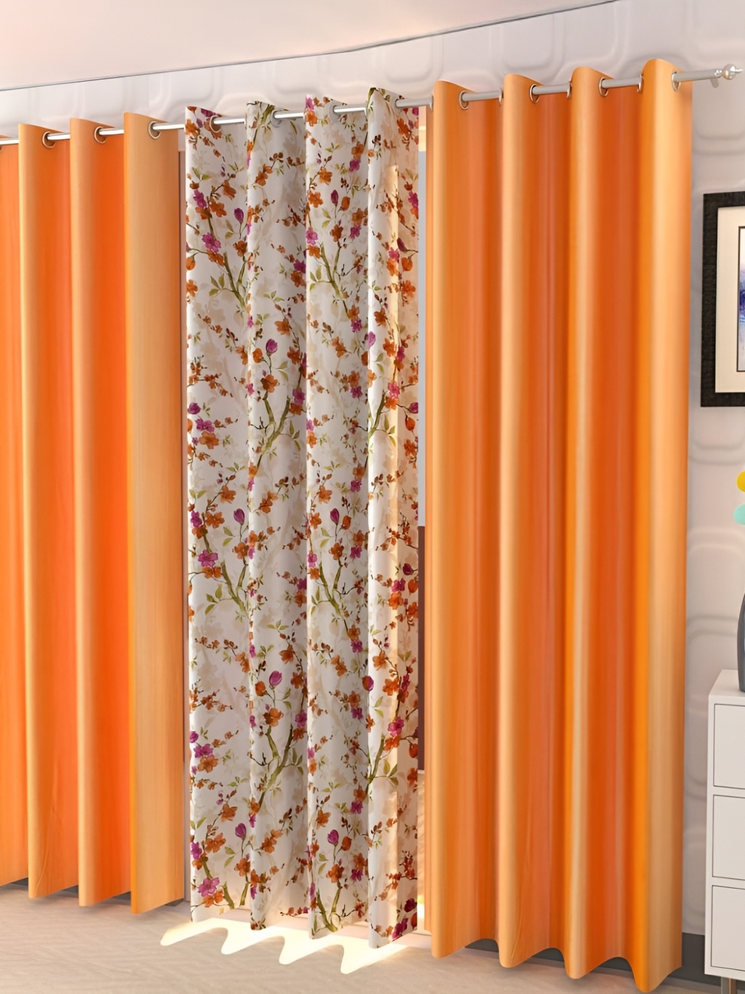 Shopgallery Orange & White 3 Pieces Floral Room Darkening Door Curtain