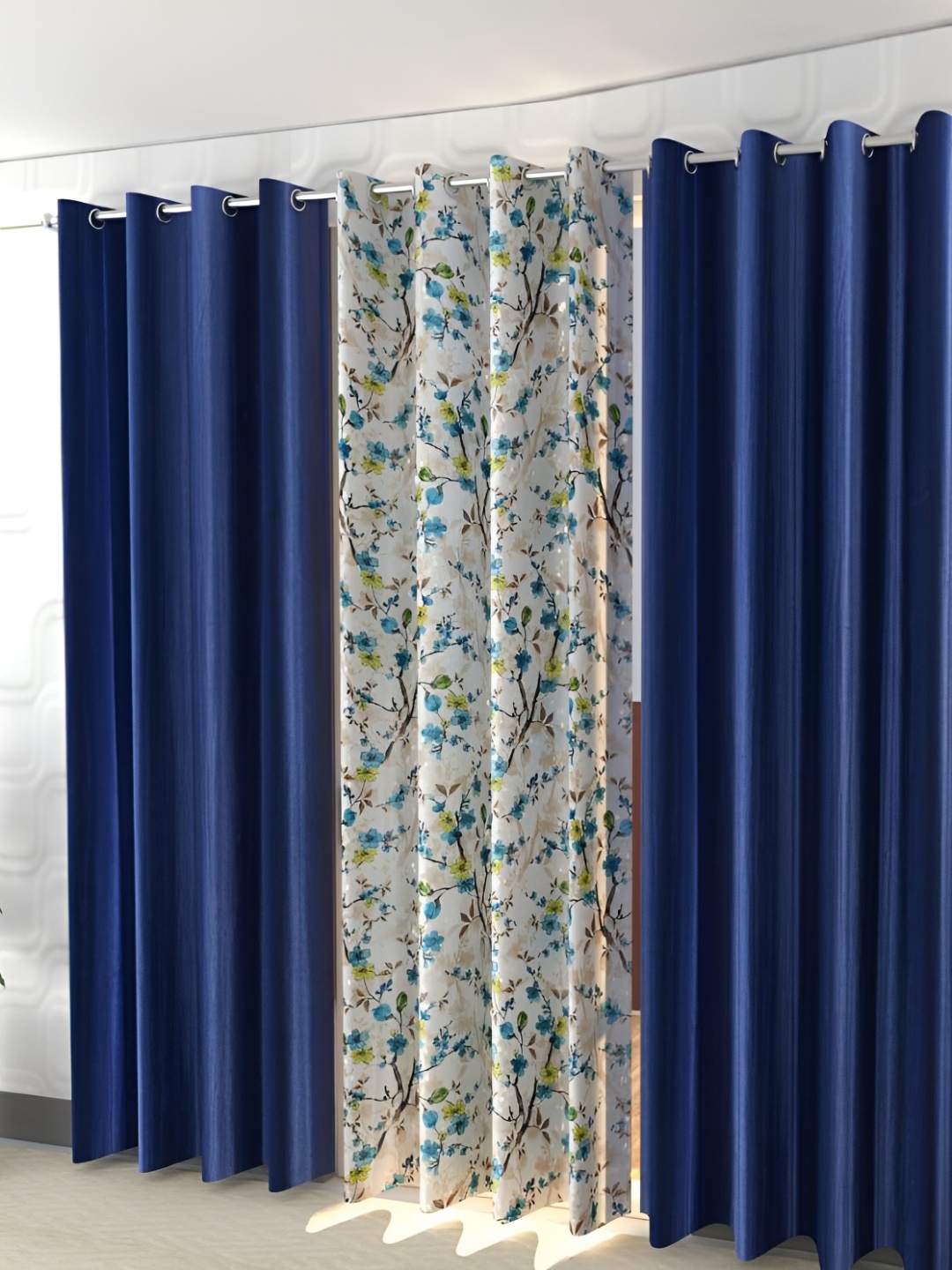 

Shopgallery Navy Blue & White 3 Pieces Floral Room Darkening Door Curtain